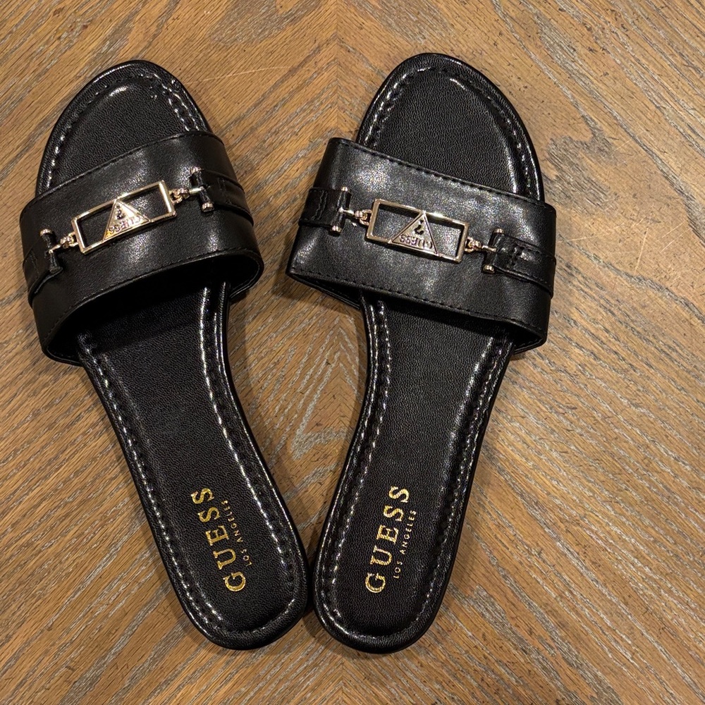 Guess Black Slide Sandals with Gold Accent